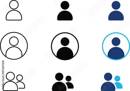 User profile icon showing professional account avatars and social group membership. Professional illustration for community management, user account settings, and membership directories.
