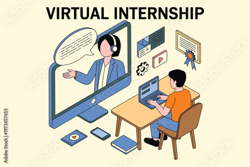 Student learning remotely online during virtual internship with mentor, vector illustration, e-learning, remote training, virtual mentorship, online internship program, digital classroom, professional