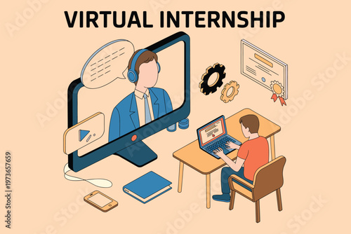 Student learning remotely online during virtual internship with mentor, vector illustration, e-learning, remote training, virtual mentorship, online internship program, digital classroom, professional