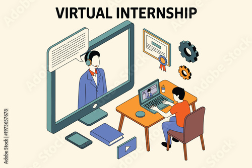 Student learning remotely online during virtual internship with mentor, vector illustration, e-learning, remote training, virtual mentorship, online internship program, digital classroom, professional