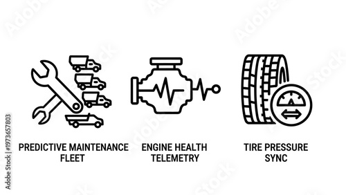 Industrial technology icons for fleet maintenance, engine telemetry, and tire pressure monitoring system