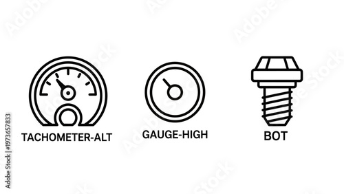 Set of technical instrument icons including tachometer gauge high level and mechanical bolt