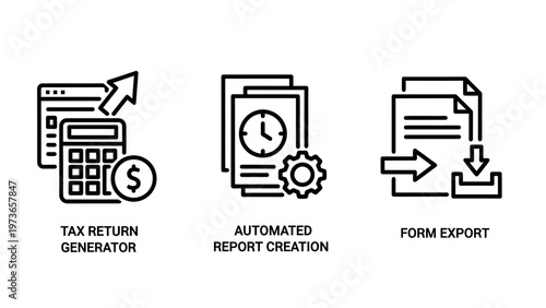 Finance and automation icons showing tax return generator report creation and form export