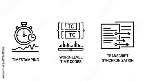 Media processing icons representing timestamping word level time codes and transcript synchronization