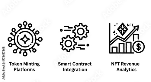 Blockchain technology icons featuring token minting platforms smart contract integration and nft analytics