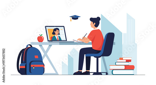 Dedicated student sitting at a desk and attending a virtual graduation ceremony or online lecture through a laptop computer.