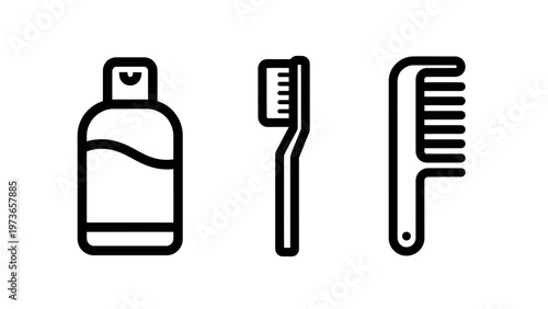 Personal hygiene and grooming icons including shampoo, toothbrush, and hair comb for daily routine