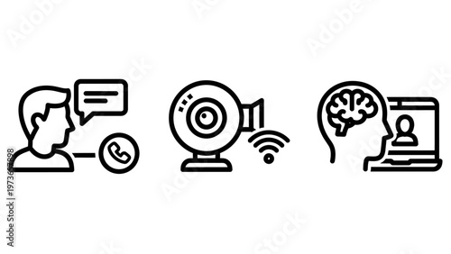 Set of digital communication icons featuring webcam and brain connection