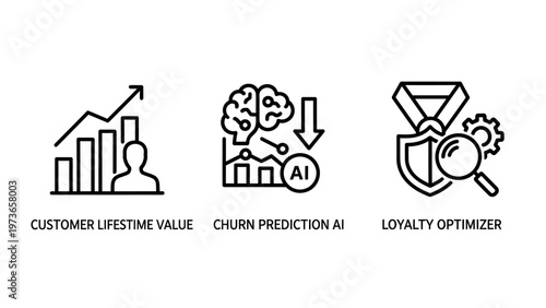 Customer lifetime value churn prediction AI and loyalty optimizer icons