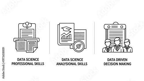 Data science professional skills analytical abilities and decision making icons