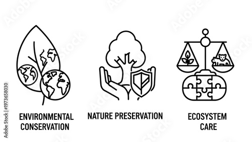 Environmental conservation and ecosystem nature preservation icons