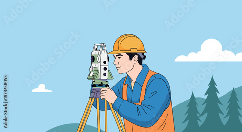 Professional land surveyor in a hard hat and safety vest using a total station instrument for measuring in an outdoor landscape.