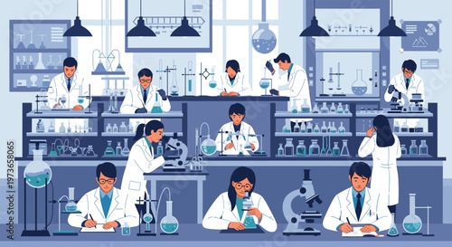 Extensive laboratory scene showing numerous scientists in white coats conducting research, using microscopes, and documenting results.