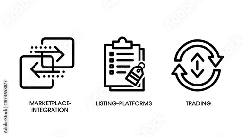 Business and e-commerce process icons set including marketplace integration listing platforms and trading