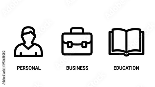 Set of icons representing personal business and education categories