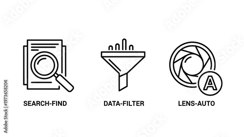 Information search and data filtering technology icons featuring magnifying glass on document, funnel filter, and automatic camera lens aperture for database navigation and automation