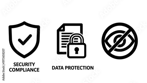 Digital security compliance and data protection icons featuring a shield with checkmark, locked document for information safety, and a crossed out eye symbol representing hidden privacy