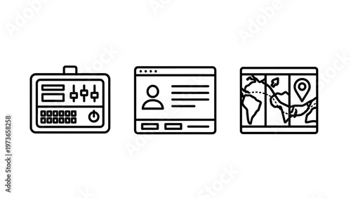 Set of three digital interface and location outline icons