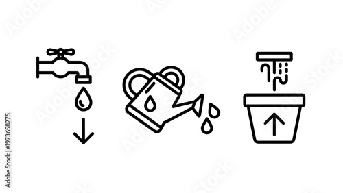 Water management and irrigation process line art icons