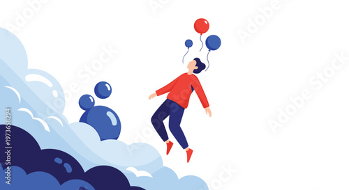Dreamy illustration of a person peacefully floating among soft blue clouds while holding several red and blue balloons.