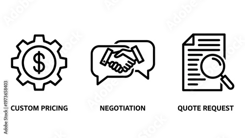 Custom pricing negotiation and quote request business process icons