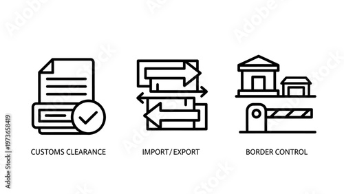 Logistic and border control line icons including customs clearance import export and gate barrier