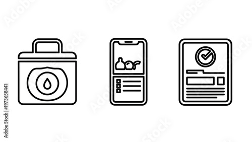Health care icons set with medical bag food tracking app and medical report document