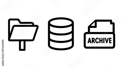 Digital data management icons including folder directory database storage and archive files