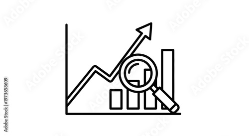 Business Growth Analysis: Magnifying Glass Over Upward Trend Bar Chart and Line Graph