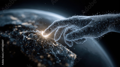 Digital hand touching glowing Earth from space. Global connectivity and technology network concept. Human interaction with digital world. Innovation and future communication background