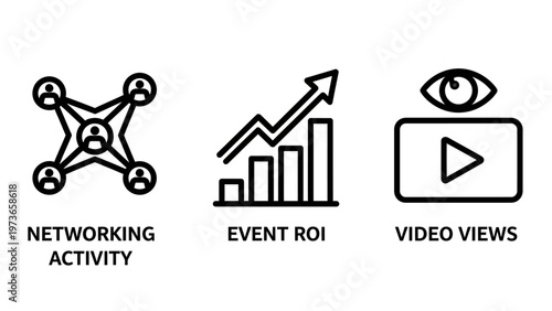 Business performance metrics icons for networking, event roi, and views