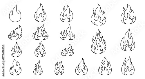 Flames hand drawn outline icons set with various sizes and shapes featuring flame, fire, icon with collection and line art elements for drawing,