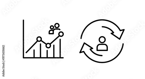 Business Growth and Teamwork Icons: Bar Chart with People and Circular Arrows with Human Icon