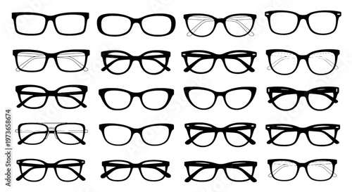 Glasses set with various black frames and clear lenses for fashion or vision correction needs featuring eyeglasses, spectacles, eyewear with