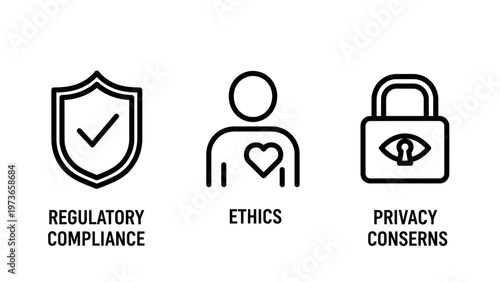 Set of regulatory compliance ethics and privacy concerns line icons