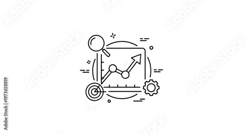 Business Growth Chart with Magnifying Glass, Target, and Gear Icon