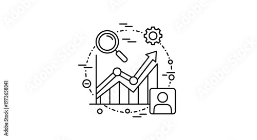 Business growth chart with magnifying glass, gear, and user icon, representing analytics and strategy