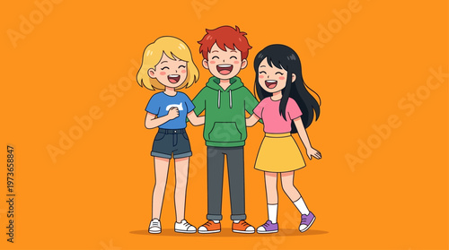 A vibrant flat design illustration showing a cheerful group of cute anime characters sharing a moment of joyful laughter. Represents friendship and happiness.