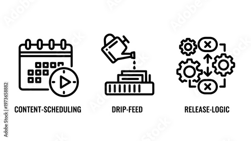 Project scheduling and content release logic icons set for workflow management