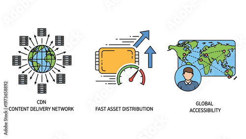 Network and technology icons representing content delivery and global accessibility
