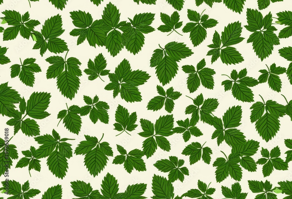 Seamless pattern of green leaves scattered on a white background