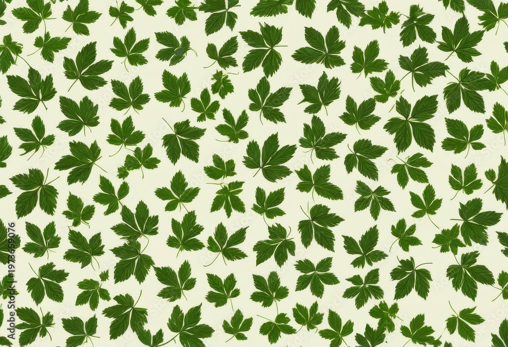 Seamless pattern of green leaves scattered on a white background