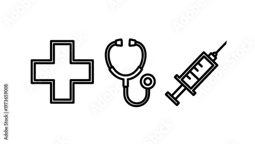 Medical cross stethoscope and syringe healthcare icons line art