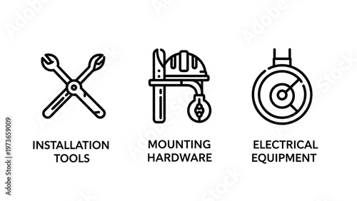 Installation tools mounting hardware and electrical equipment outline icons