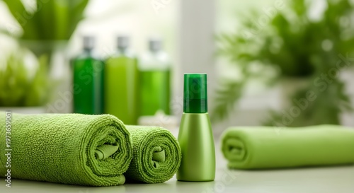 A serene bathroom setup with green towels and toiletries on a clean surface