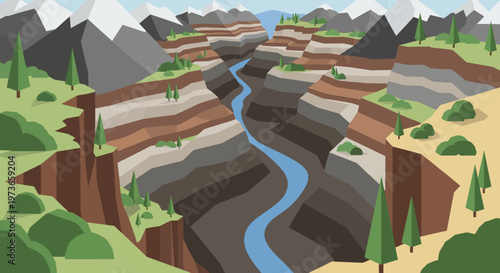 Cross section of a canyon with river and geological layers.