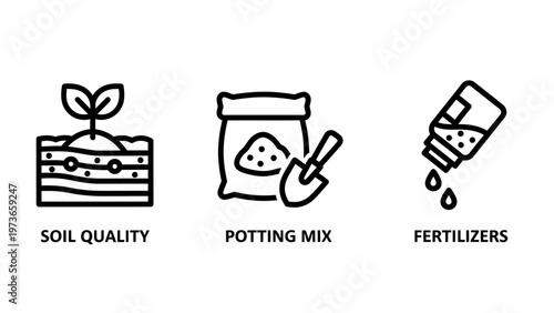 Set of gardening and agriculture outline icons representing soil quality potting mix and fertilizers