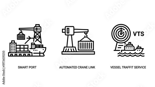 Maritime logistics and port infrastructure icons for smart port, automated crane, and vessel traffic services