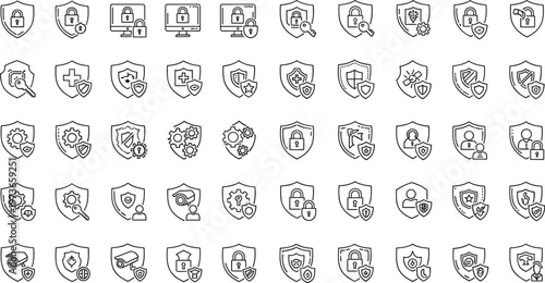 Professional Cyber Security Icon Set Featuring Data Protection Shields Network Safety Padlocks Computer Privacy Symbols and Digital Surveillance Outline Vector Illustrations