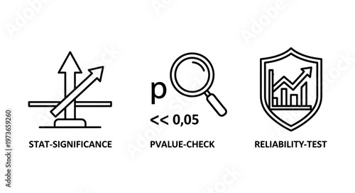 Data analysis and statistical research concept icons set featuring p-value and reliability test